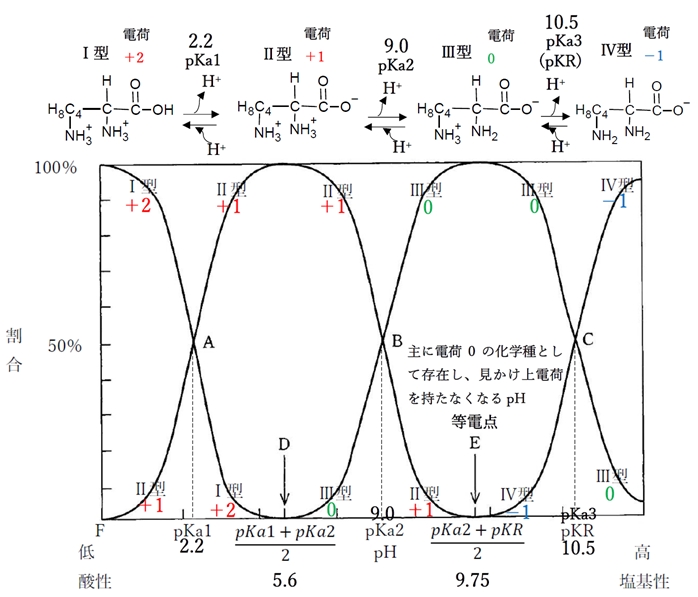 図に示したL-リシンの化学種が最も多く存在するpH 101回薬剤師国家試験問96